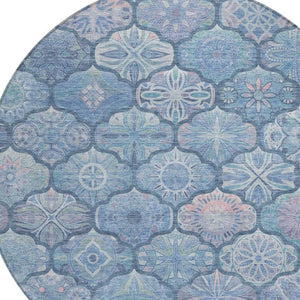 8 Foot Round Ogee Polyester Area Rug Washable Denim Blue Indoor Outdoor Patio