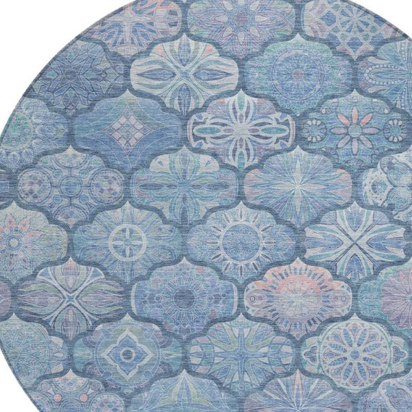 8 Foot Round Ogee Polyester Area Rug Washable Denim Blue Indoor Outdoor Patio