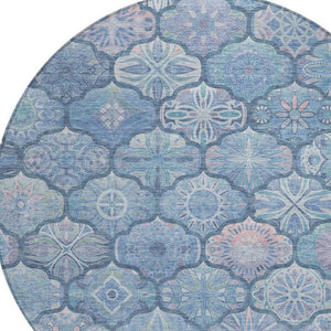 8 Foot Round Ogee Polyester Area Rug Washable Denim Blue Indoor Outdoor Patio