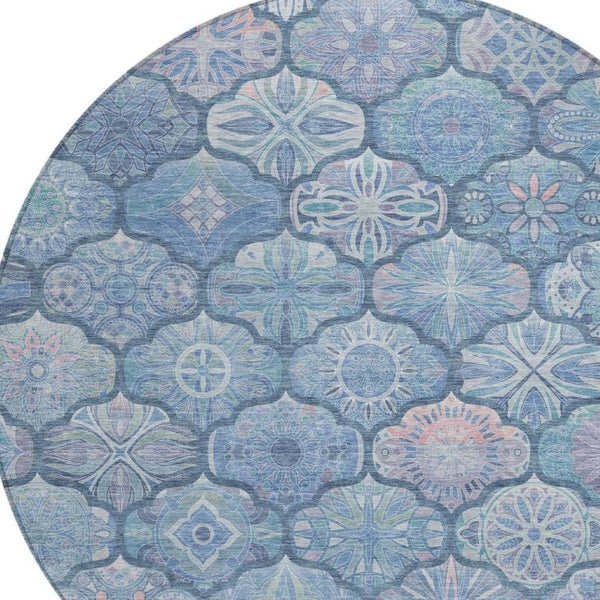 8 Foot Round Ogee Polyester Area Rug Washable Denim Blue Indoor Outdoor Patio