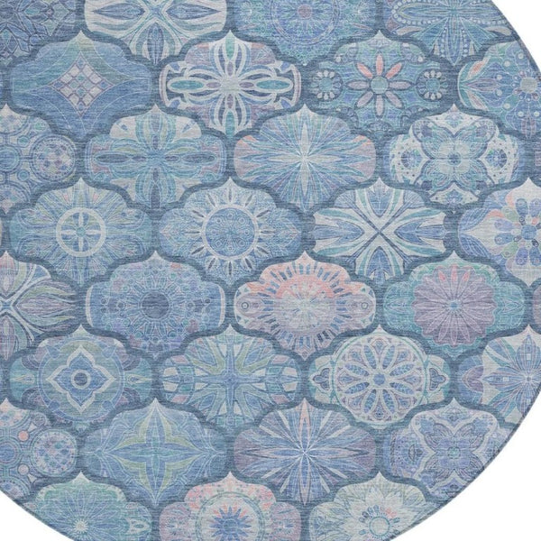 8 Foot Round Ogee Polyester Area Rug Washable Denim Blue Indoor Outdoor Patio
