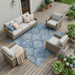 9 X 12 Denim Blue Ogee Polyester Area Rug Washable Stain Resistant Indoor Outdoor