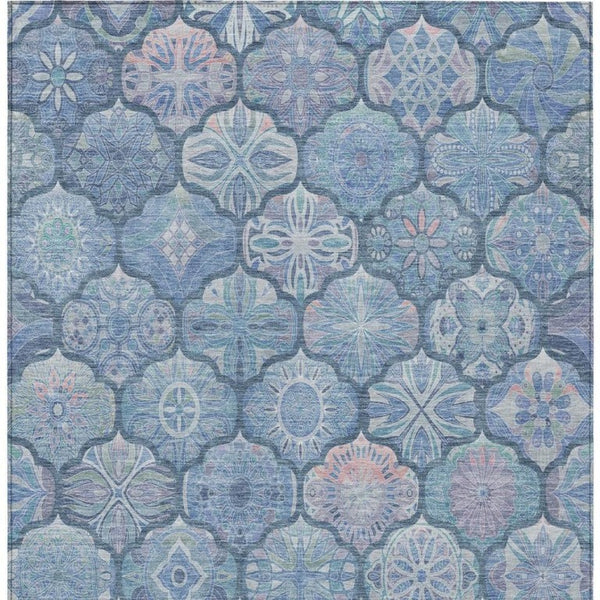9 X 12 Denim Blue Ogee Polyester Area Rug Washable Stain Resistant Indoor Outdoor