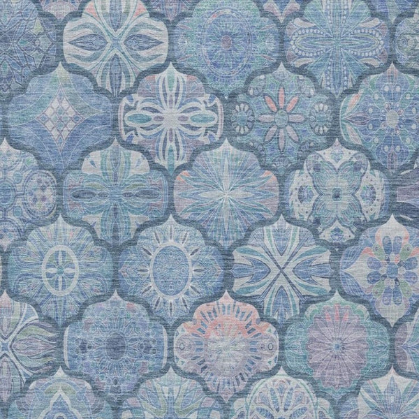 9 X 12 Denim Blue Ogee Polyester Area Rug Washable Stain Resistant Indoor Outdoor