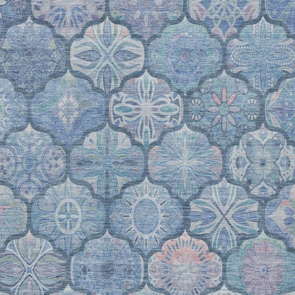 9 X 12 Denim Blue Ogee Polyester Area Rug Washable Stain Resistant Indoor Outdoor