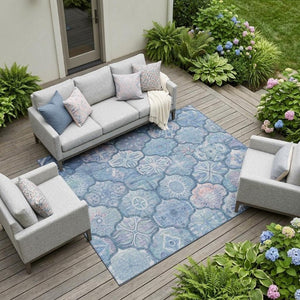 10 X 14 Denim Blue Ogee Washable Polyester Area Rug for Indoor Outdoor Spaces
