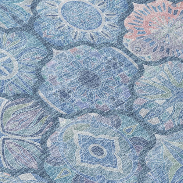 10 X 14 Denim Blue Ogee Washable Polyester Area Rug for Indoor Outdoor Spaces