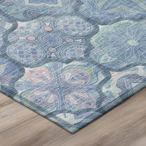 10 X 14 Denim Blue Ogee Washable Polyester Area Rug for Indoor Outdoor Spaces