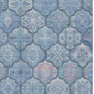 10 X 14 Denim Blue Ogee Washable Polyester Area Rug for Indoor Outdoor Spaces