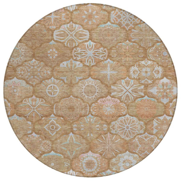 8 Foot Round Ogee Polyester Area Rug Washable Indoor Outdoor Patio and Family Room