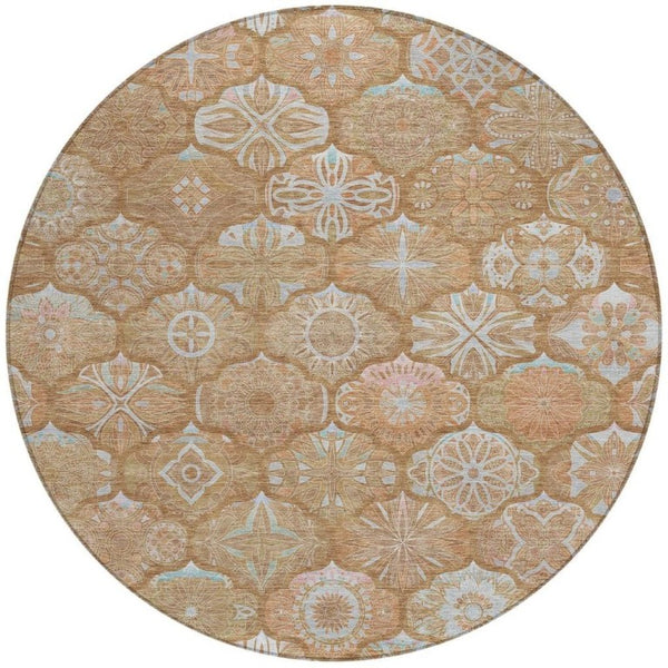 8 Foot Round Ogee Polyester Area Rug Washable Indoor Outdoor Patio and Family Room