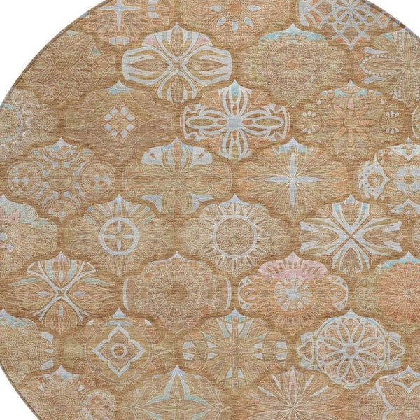 8 Foot Round Ogee Polyester Area Rug Washable Indoor Outdoor Patio and Family Room
