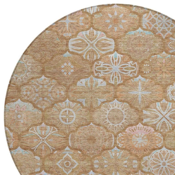 8 Foot Round Ogee Polyester Area Rug Washable Indoor Outdoor Patio and Family Room