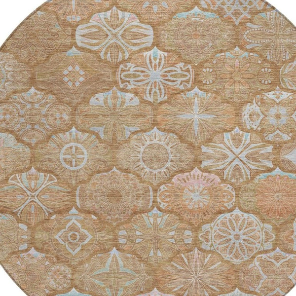 8 Foot Round Ogee Polyester Area Rug Washable Indoor Outdoor Patio and Family Room
