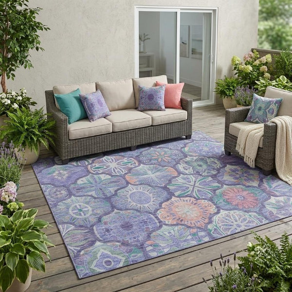 5x8 Purple Lavender Ogee Polyester Area Rug Washable Stain Resistant Indoor Outdoor