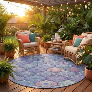 8 Ft Round Ogee Polyester Area Rug in Purple Lavender for Indoor Outdoor Use