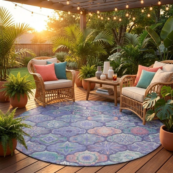 8 Ft Round Ogee Polyester Area Rug in Purple Lavender for Indoor Outdoor Use