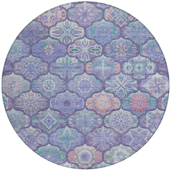 8 Ft Round Ogee Polyester Area Rug in Purple Lavender for Indoor Outdoor Use