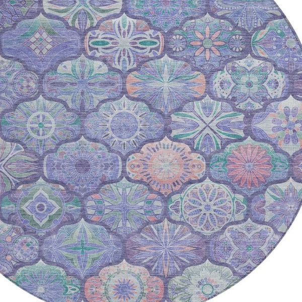8 Ft Round Ogee Polyester Area Rug in Purple Lavender for Indoor Outdoor Use