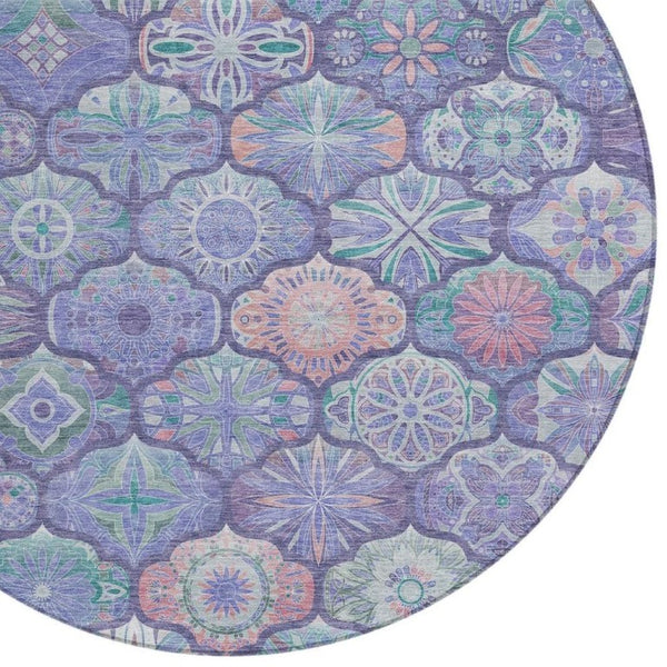 8 Ft Round Ogee Polyester Area Rug in Purple Lavender for Indoor Outdoor Use