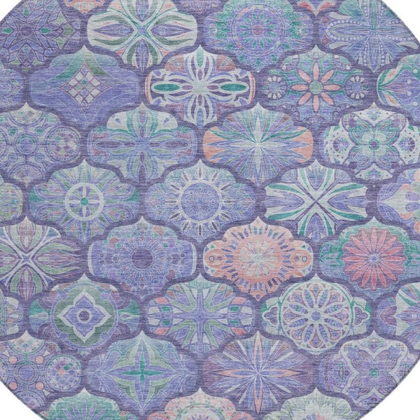 8 Ft Round Ogee Polyester Area Rug in Purple Lavender for Indoor Outdoor Use