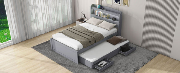English Elm Twin XL Platform Bed with LED Headboard, Built-In Charging Station, Trundle & 2 Drawers for Space-Saving Bedrooms Gray GX001829AAE