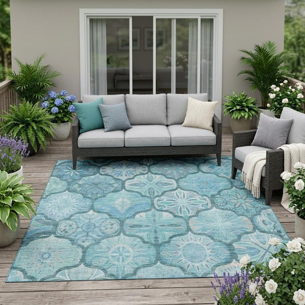 5x8 Teal Aqua Ogee Polyester Area Rug Washable Stain Resistant for Patio or Living Room