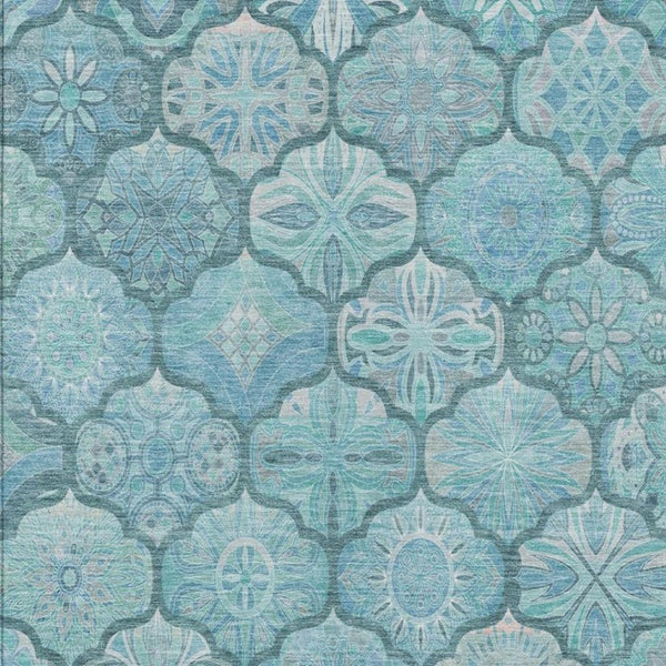 5x8 Teal Aqua Ogee Polyester Area Rug Washable Stain Resistant for Patio or Living Room