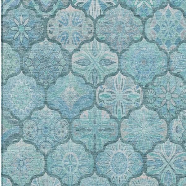 5x8 Teal Aqua Ogee Polyester Area Rug Washable Stain Resistant for Patio or Living Room