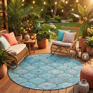8 Foot Round Ogee Polyester Area Rug in Teal Aqua Washable for Indoor Outdoor Use
