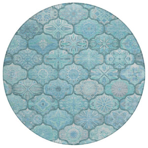 HomeRoots 8 Foot Round Ogee Polyester Area Rug in Teal Aqua Washable for Indoor Outdoor Use 746304