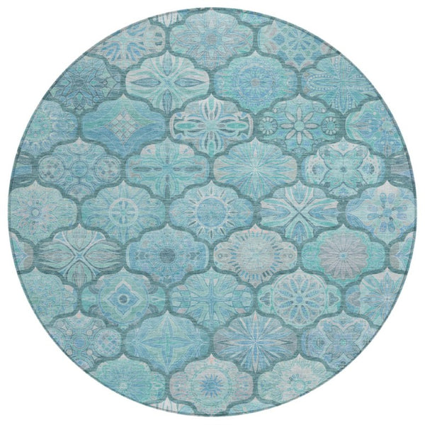 HomeRoots 8 Foot Round Ogee Polyester Area Rug in Teal Aqua Washable for Indoor Outdoor Use 746304