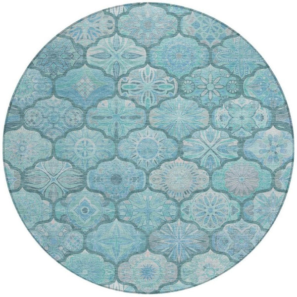 8 Foot Round Ogee Polyester Area Rug in Teal Aqua Washable for Indoor Outdoor Use