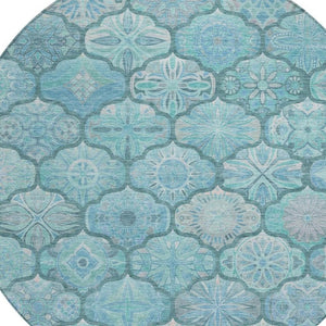 8 Foot Round Ogee Polyester Area Rug in Teal Aqua Washable for Indoor Outdoor Use