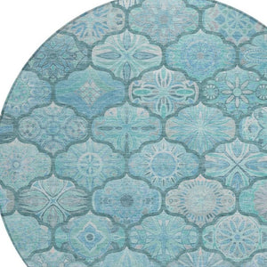 8 Foot Round Ogee Polyester Area Rug in Teal Aqua Washable for Indoor Outdoor Use