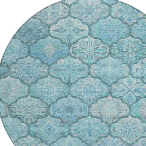 8 Foot Round Ogee Polyester Area Rug in Teal Aqua Washable for Indoor Outdoor Use