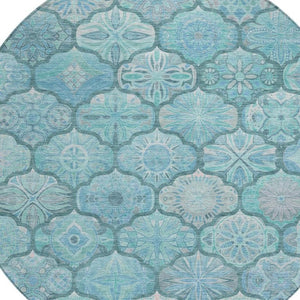 8 Foot Round Ogee Polyester Area Rug in Teal Aqua Washable for Indoor Outdoor Use
