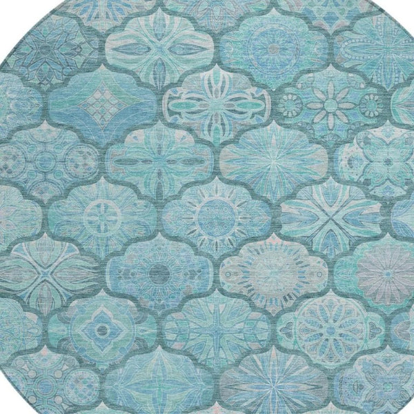 8 Foot Round Ogee Polyester Area Rug in Teal Aqua Washable for Indoor Outdoor Use