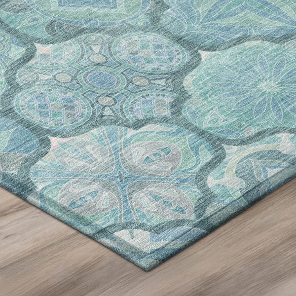 8 Foot Round Ogee Polyester Area Rug in Teal Aqua Washable for Indoor Outdoor Use