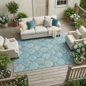 8x10 Teal Aqua Ogee Polyester Indoor Outdoor Rug Stain Resistant Washable