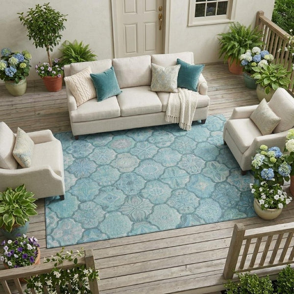 8x10 Teal Aqua Ogee Polyester Indoor Outdoor Rug Stain Resistant Washable