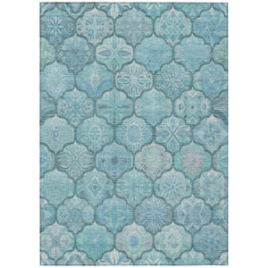 HomeRoots 8x10 Teal Aqua Ogee Polyester Indoor Outdoor Rug Stain Resistant Washable 746305