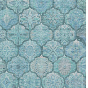 8x10 Teal Aqua Ogee Polyester Indoor Outdoor Rug Stain Resistant Washable
