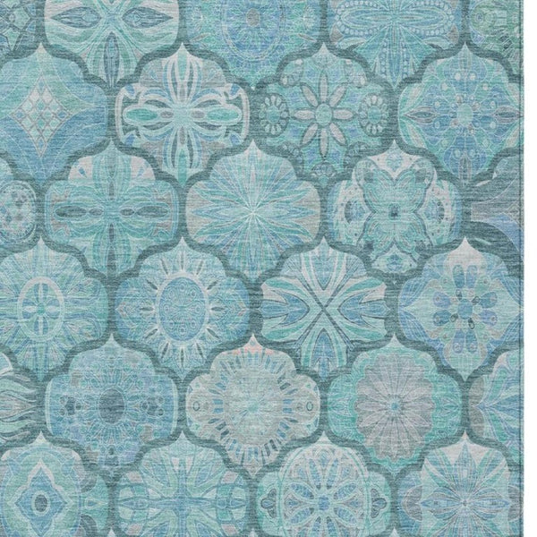 8x10 Teal Aqua Ogee Polyester Indoor Outdoor Rug Stain Resistant Washable