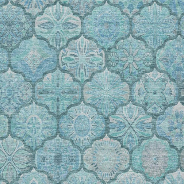 8x10 Teal Aqua Ogee Polyester Indoor Outdoor Rug Stain Resistant Washable