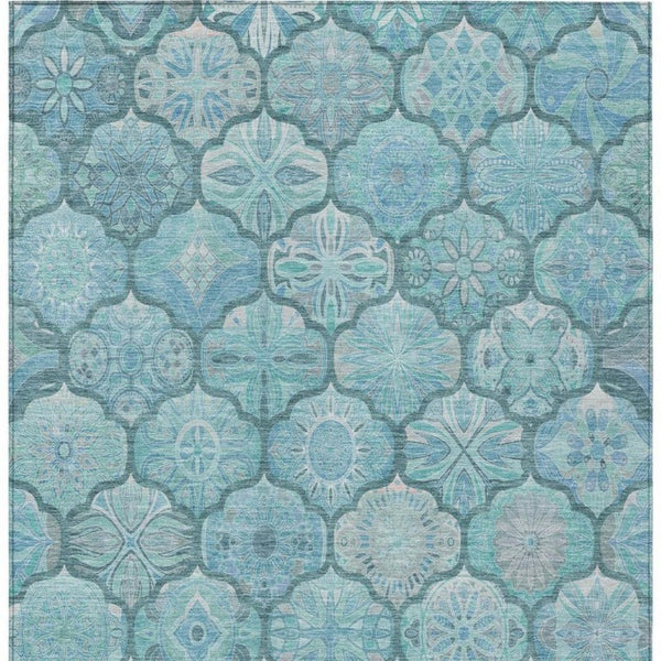 8x10 Teal Aqua Ogee Polyester Indoor Outdoor Rug Stain Resistant Washable