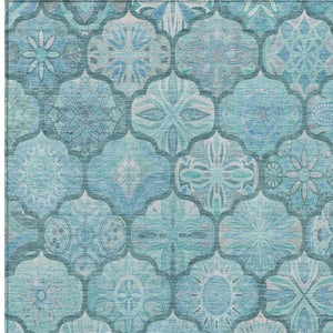 8x10 Teal Aqua Ogee Polyester Indoor Outdoor Rug Stain Resistant Washable