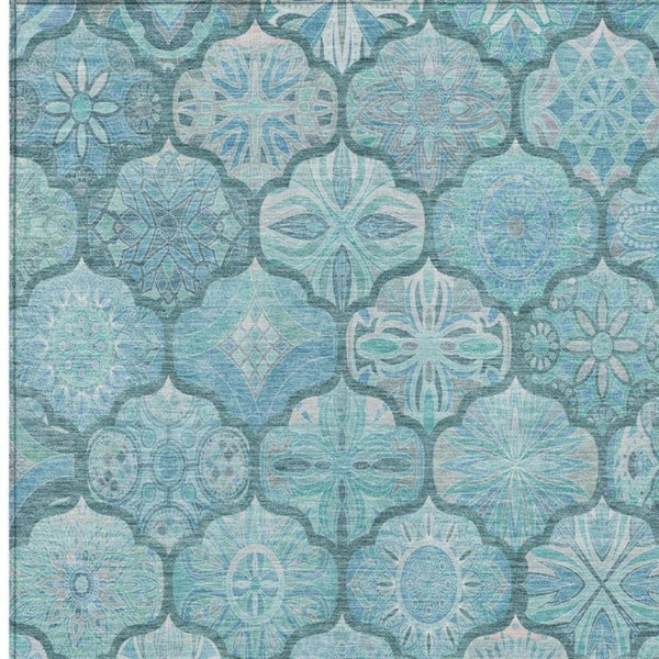 8x10 Teal Aqua Ogee Polyester Indoor Outdoor Rug Stain Resistant Washable