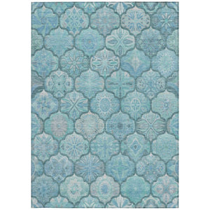 9x12 Teal Aqua Ogee Polyester Area Rug Washable Stain Resistant Indoor Outdoor