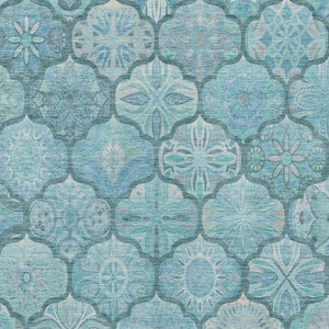 9x12 Teal Aqua Ogee Polyester Area Rug Washable Stain Resistant Indoor Outdoor